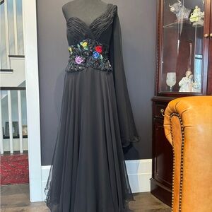 Elegant Black Evening Gown with Floral Accents